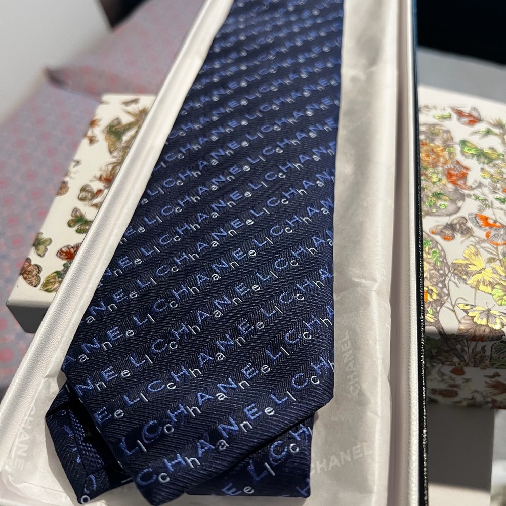 CHANEL Navy Blue Logo Jacquard Silk Tie